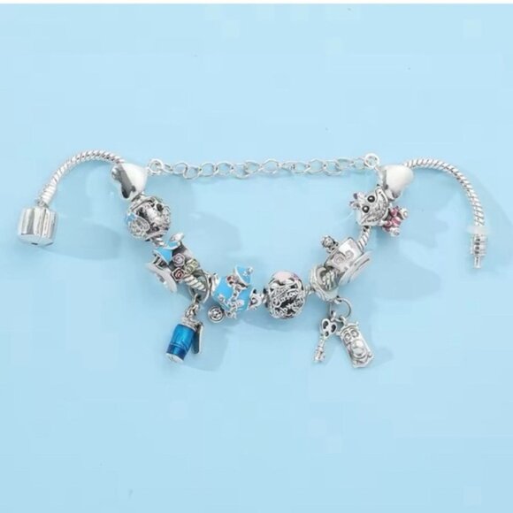 925 Sterling Silver Plated Alice In Wonderland Themed Loaded Charm Bracelet - Picture 5 of 6